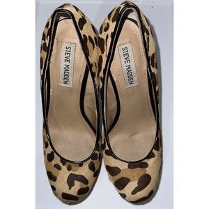 STEVE MADDEN BEVV-L Women's Real Fur Pony Hair Leopard Platform Heels Sz 7.5M